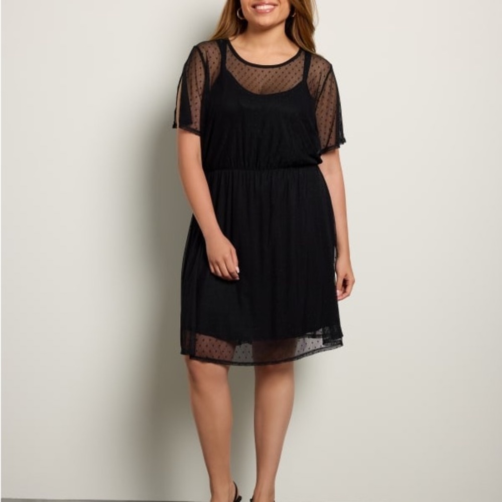 NWT Loveappella Black Sheer Polka Dot Dress. Plus Size.  1X